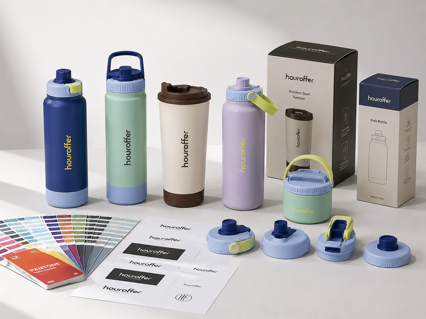 Houroffer custom drinkware OEM ODM options with bottles, logo proof, lid structures, color samples and retail packaging