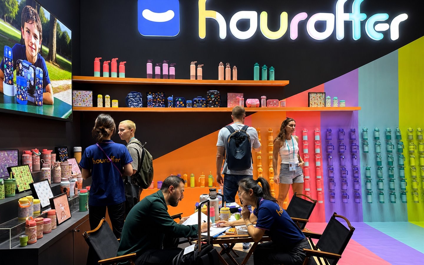Houroffer team communicating with buyers at trade show booth