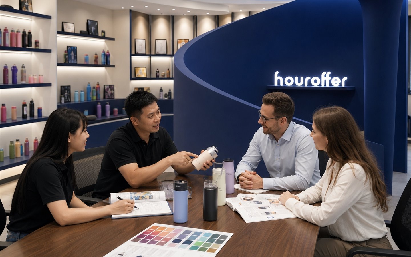 Houroffer showroom sample discussion with drinkware buyers