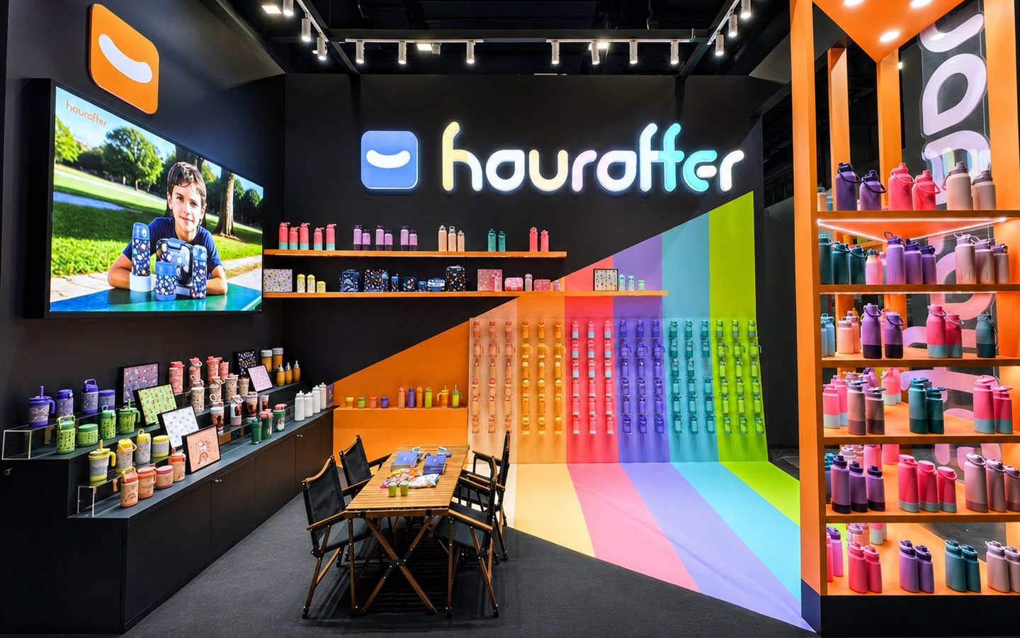 Houroffer trade show booth with drinkware product display